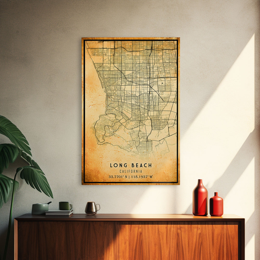 Long Beach map print poster or framed canvas | California map print poster canvas | Long Beach city map print poster canvas, distressed map