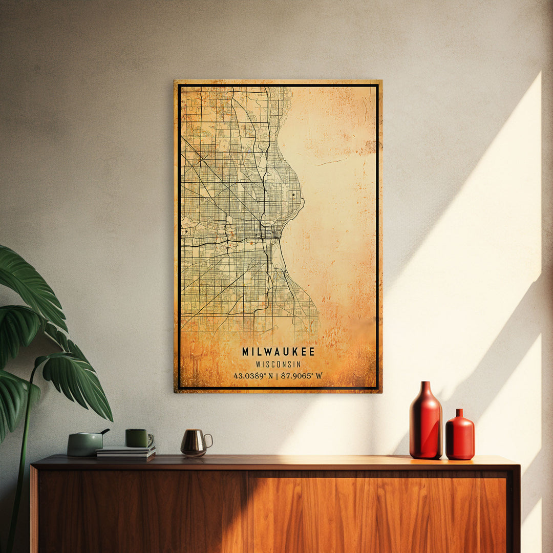 Milwaukee Wisconsin Street Map Wall Art, Framed Canvas Print, Wisconsin Map Print Poster and Canvas, Milwaukee City Office Wall Art