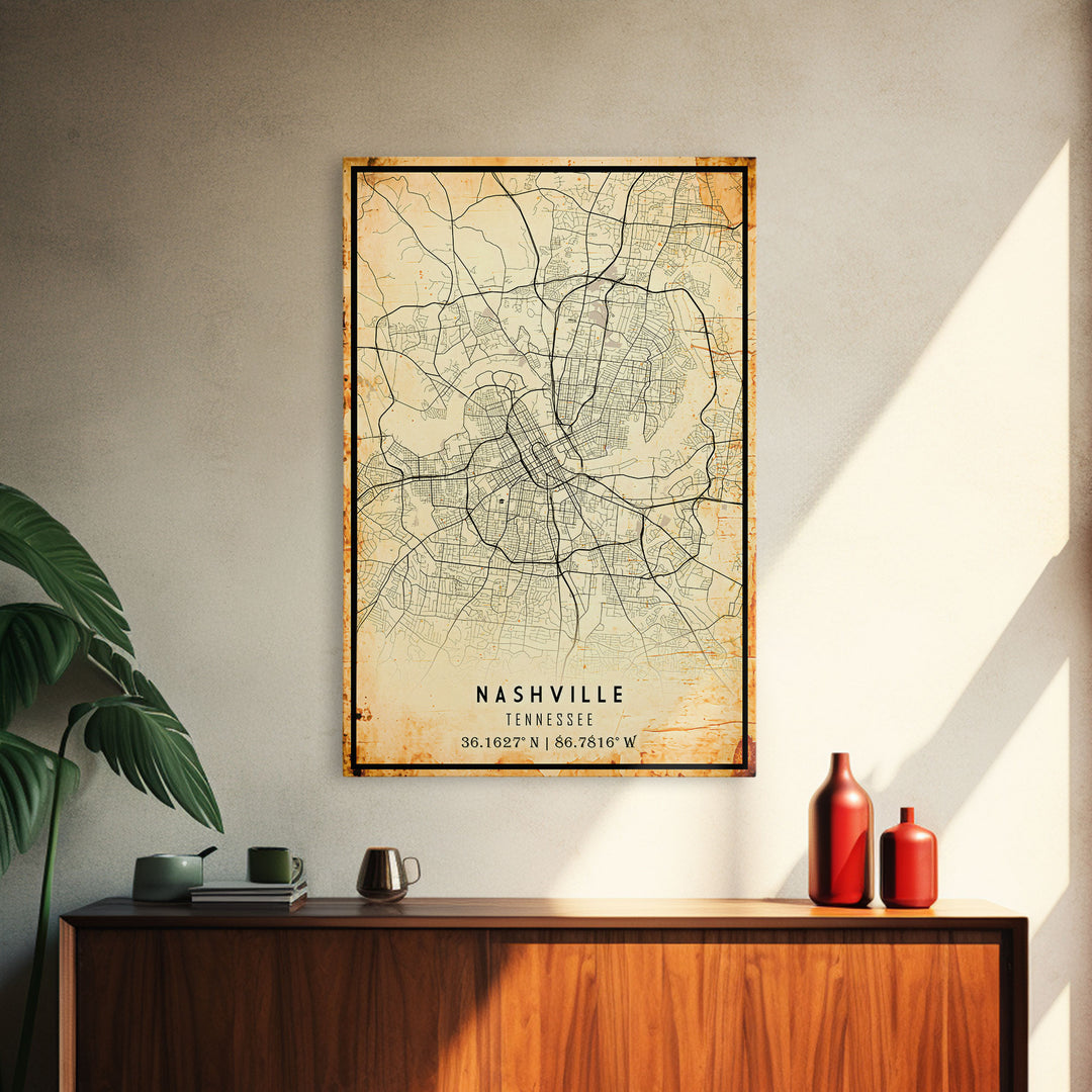 Nashville Map Print, Framed Canvas Wall Art, Tennessee Street Map Art, Davidson City Street Road Map Wall Decor