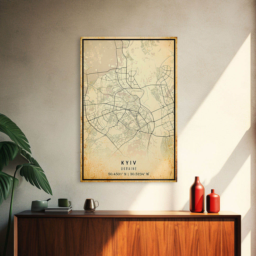 Old Kyiv Ukraine City Map Wall Art Canvas Print, Vintage Style Kyiv Map, Framed Wall Art, Cool Kyiv Ukraine Wall Art, Office Art