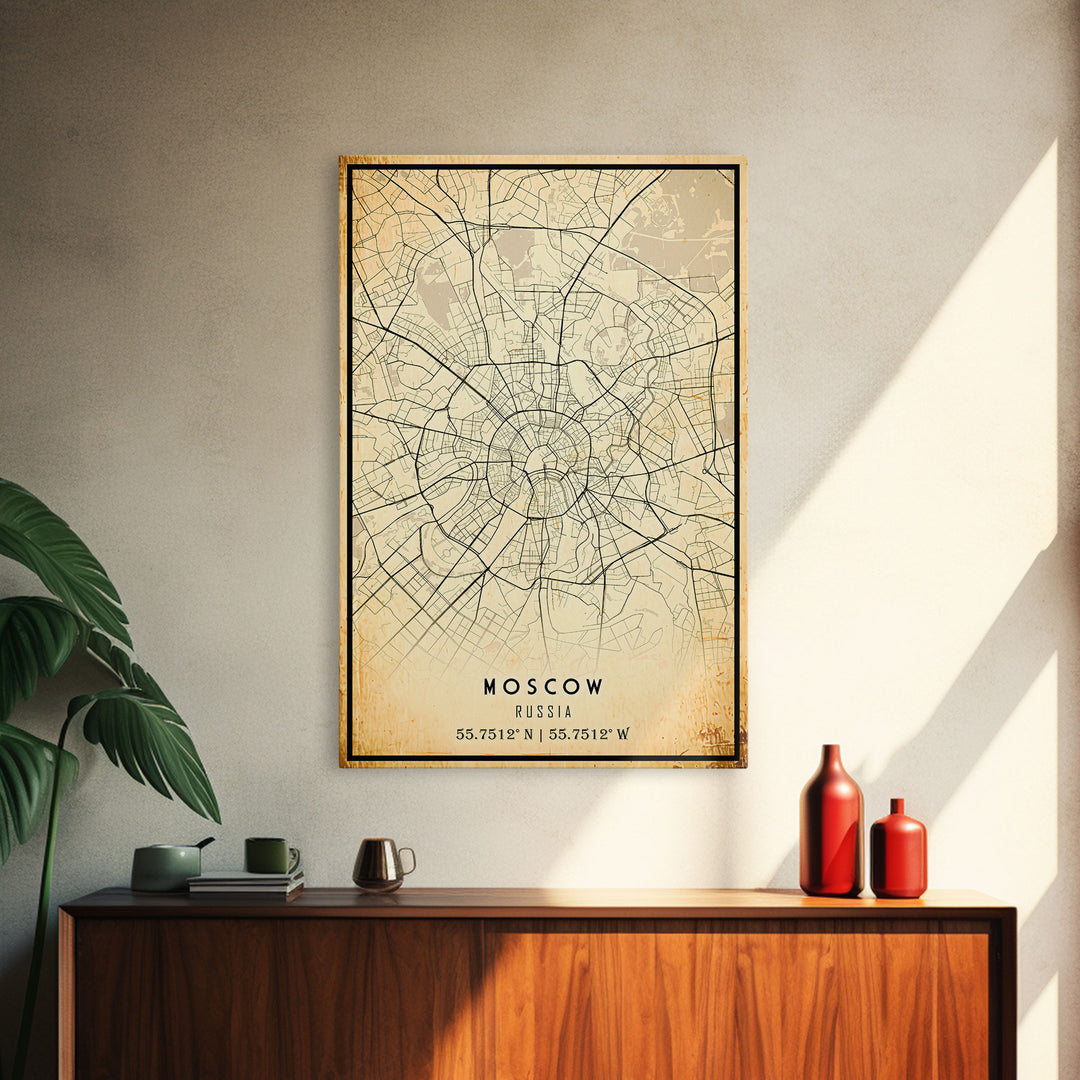 Vintage Style Moscow City Map Wall Art Canvas Print, Distressed Moscow Russia Map, Framed Wall Art, Cool Moscow Travel Wall Art, Office Art