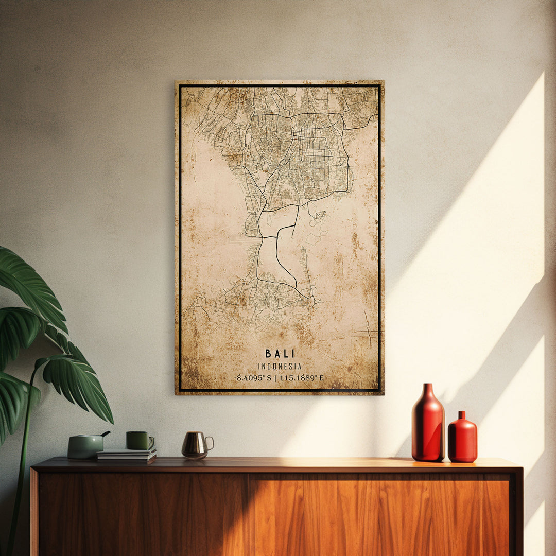 Vintage Bali Indonesia City Map Wall Art Canvas Print, Distressed Style Bali Map, Framed Wall Art, Cool Bali Travel Wall Art, Office Art