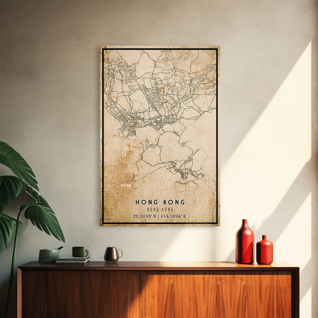 Vintage Hong Kong City Map Wall Art Canvas Print, Distressed Hong Kong Map, Framed Wall Art, Cool Hong Kong Travel Wall Art, Office Art