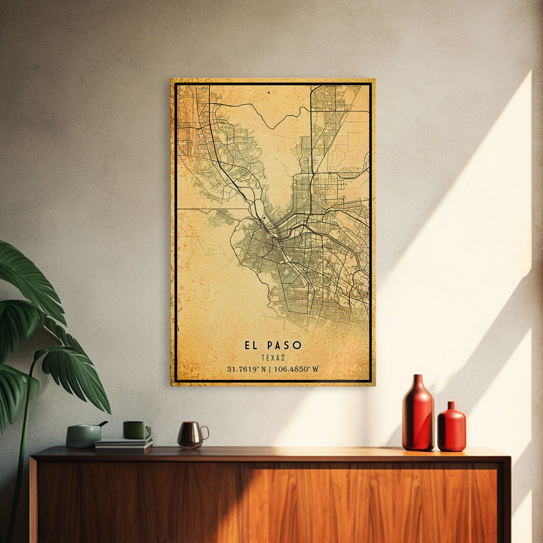 El Paso Texas Vintage Map Print, El Paso Map, Texas Map Art, El Paso City Road Map Poste, Vintage Gift Map, Travel Vacation Art, Rustic Map