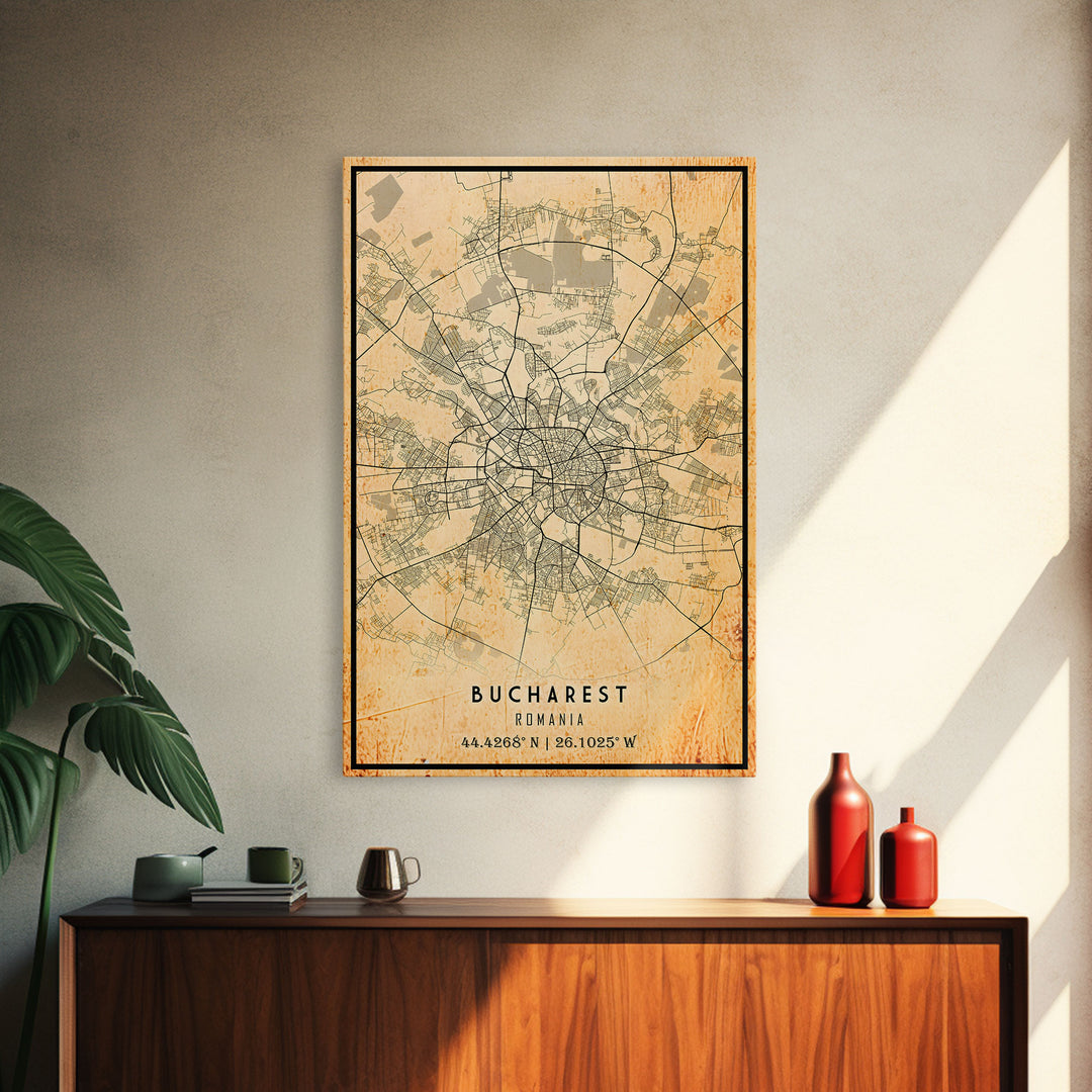 Vintage Style Bucharest City Map Wall Art Canvas Print, Distressed Bucharest Map, Framed Wall Art, Cool RomaniaTravel Wall Art, Office Art