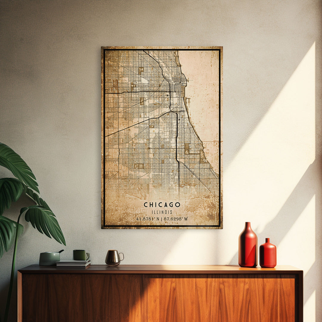 Distressed Chicago map print poster or framed canvas, Illinois road map print poster canvas, Chicago city map print poster canvas