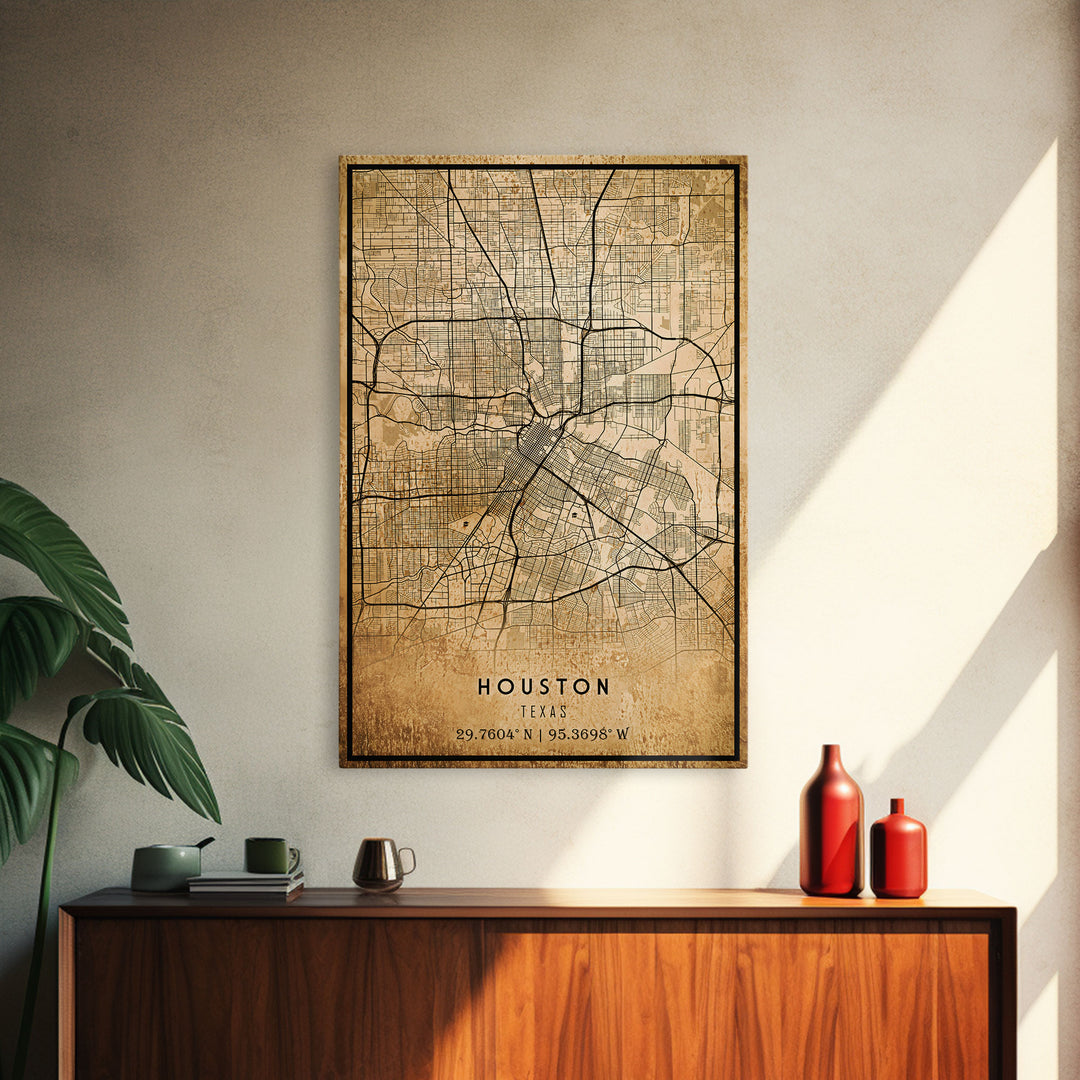 Houston Vintage Map Print, Framed Canvas, Houston Map, Texas Map Art, Houston City Road Map Poster, Vintage Map