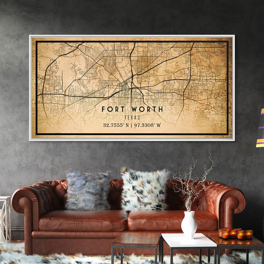 Fort Worth map print poster or framed canvas, Texas map print poster canvas, Fort Worth city map print poster canvas, Panther City