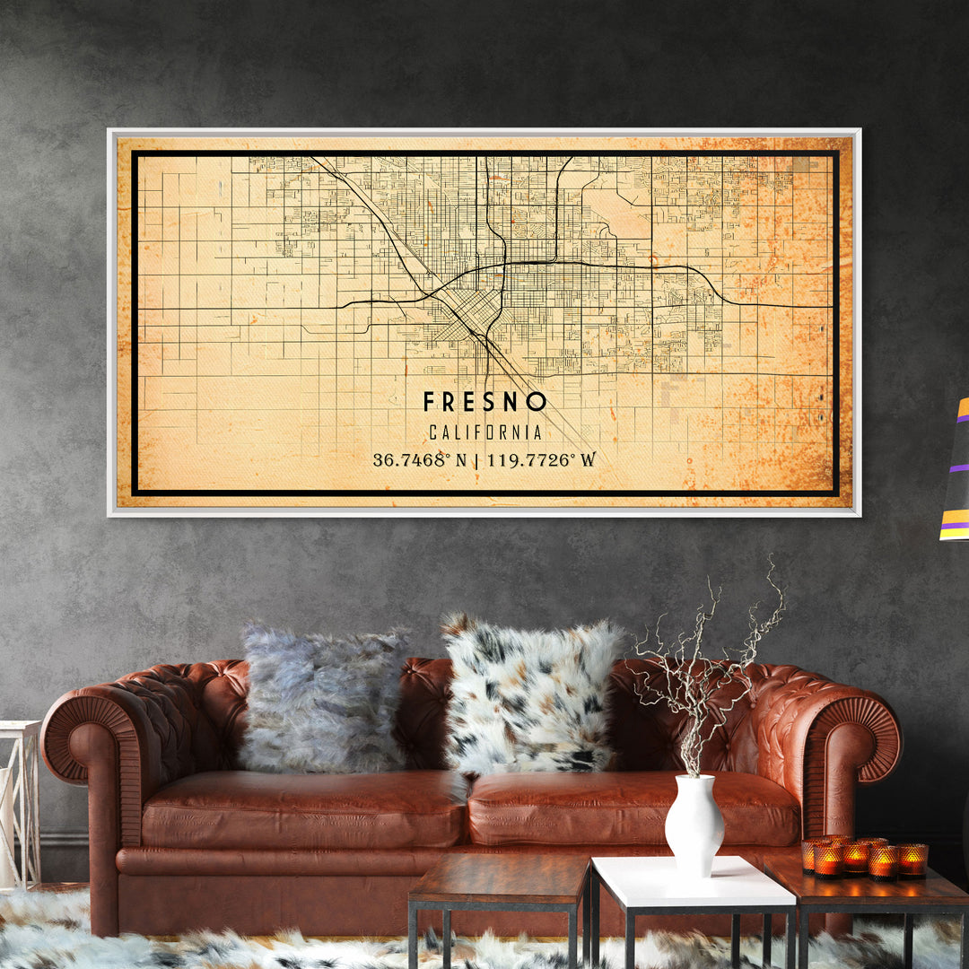 Distressed Fresno California Map, Framed Canvas Print Or Poster, California Map Print, Freso City Wall Art Map Print, Rustic Map Art