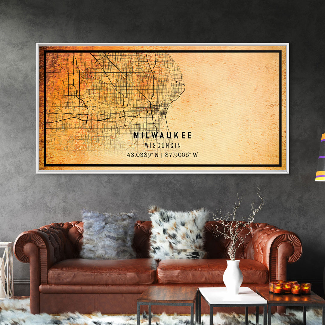 Milwaukee Wisconsin Street Map Wall Art, Framed Canvas Print, Wisconsin Map Print Poster and Canvas, Milwaukee City Office Wall Art