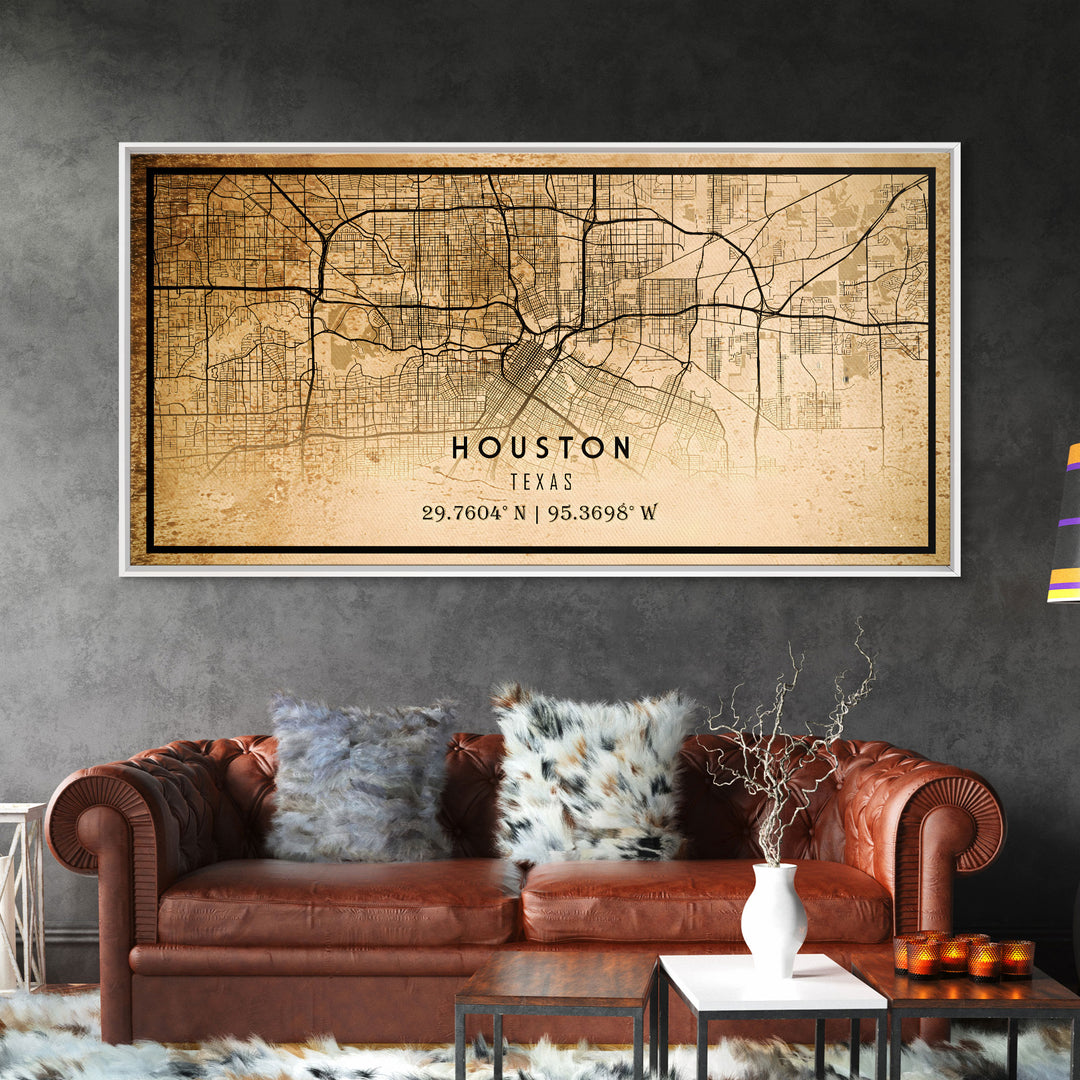 Houston Vintage Map Print, Framed Canvas, Houston Map, Texas Map Art, Houston City Road Map Poster, Vintage Map