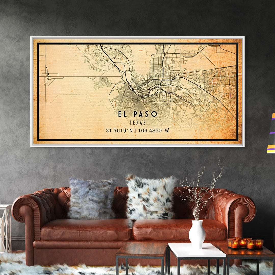 El Paso Texas Vintage Map Print, El Paso Map, Texas Map Art, El Paso City Road Map Poste, Vintage Gift Map, Travel Vacation Art, Rustic Map