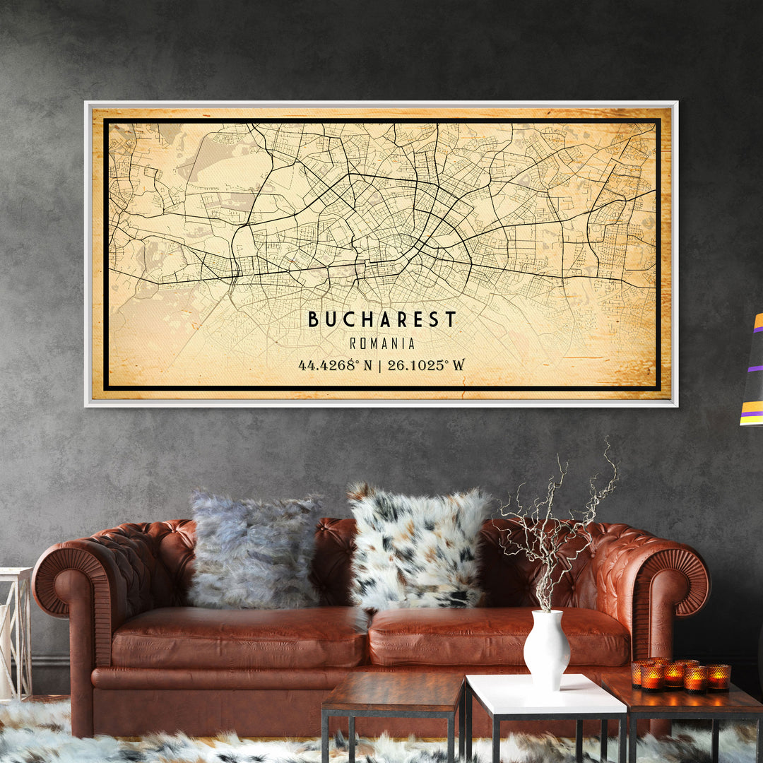 Vintage Style Bucharest City Map Wall Art Canvas Print, Distressed Bucharest Map, Framed Wall Art, Cool RomaniaTravel Wall Art, Office Art