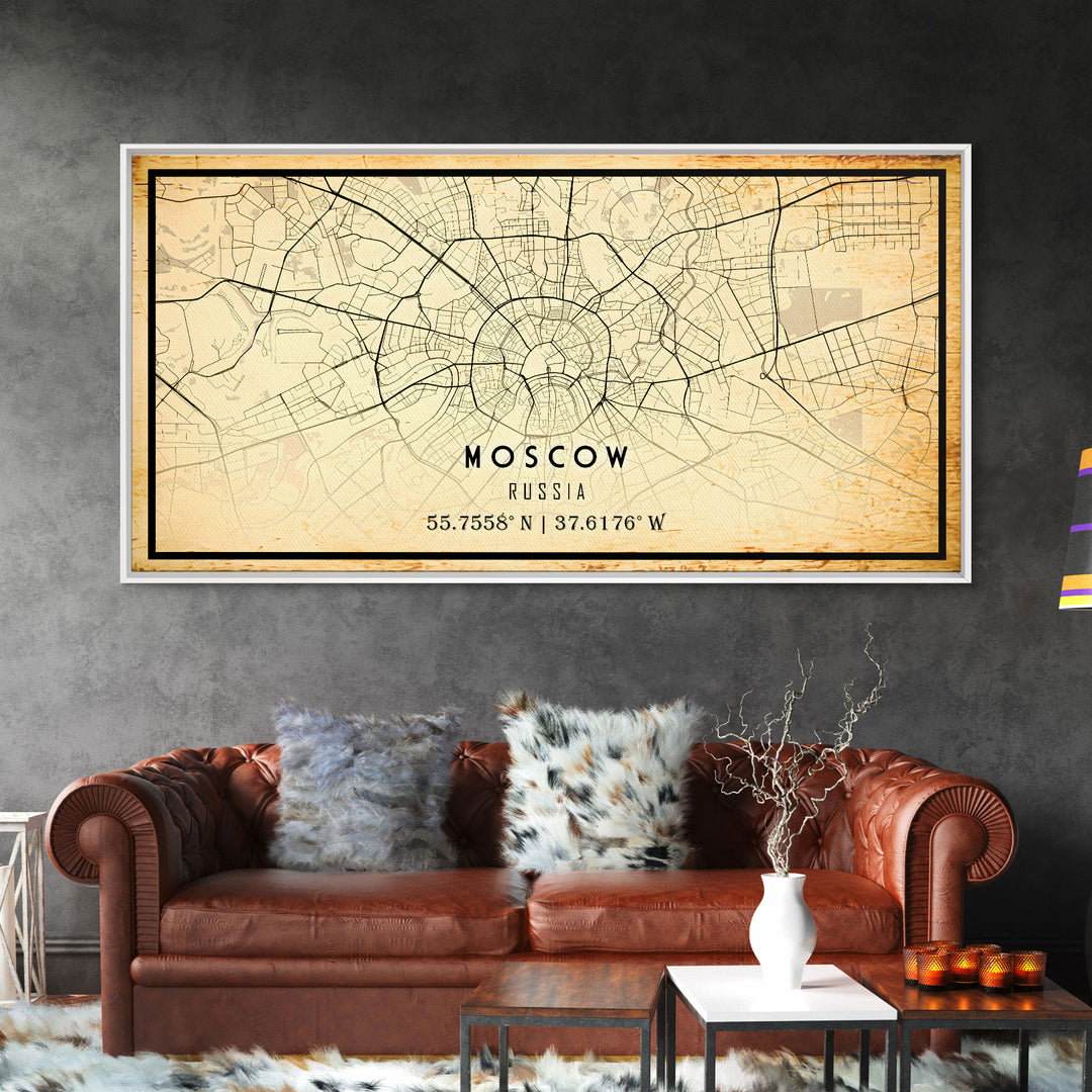 Vintage Style Moscow City Map Wall Art Canvas Print, Distressed Moscow Russia Map, Framed Wall Art, Cool Moscow Travel Wall Art, Office Art