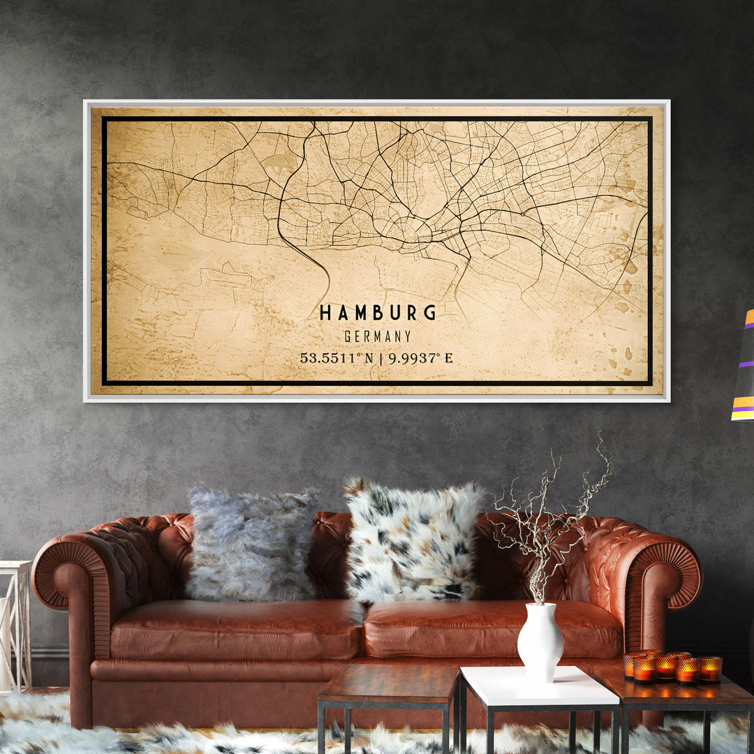 Old Hamburg Germany City Map Wall Art Canvas Print, Vintage Style Hamburg Map, Framed Wall Art, Cool Hamburg Wall Art, Office Art