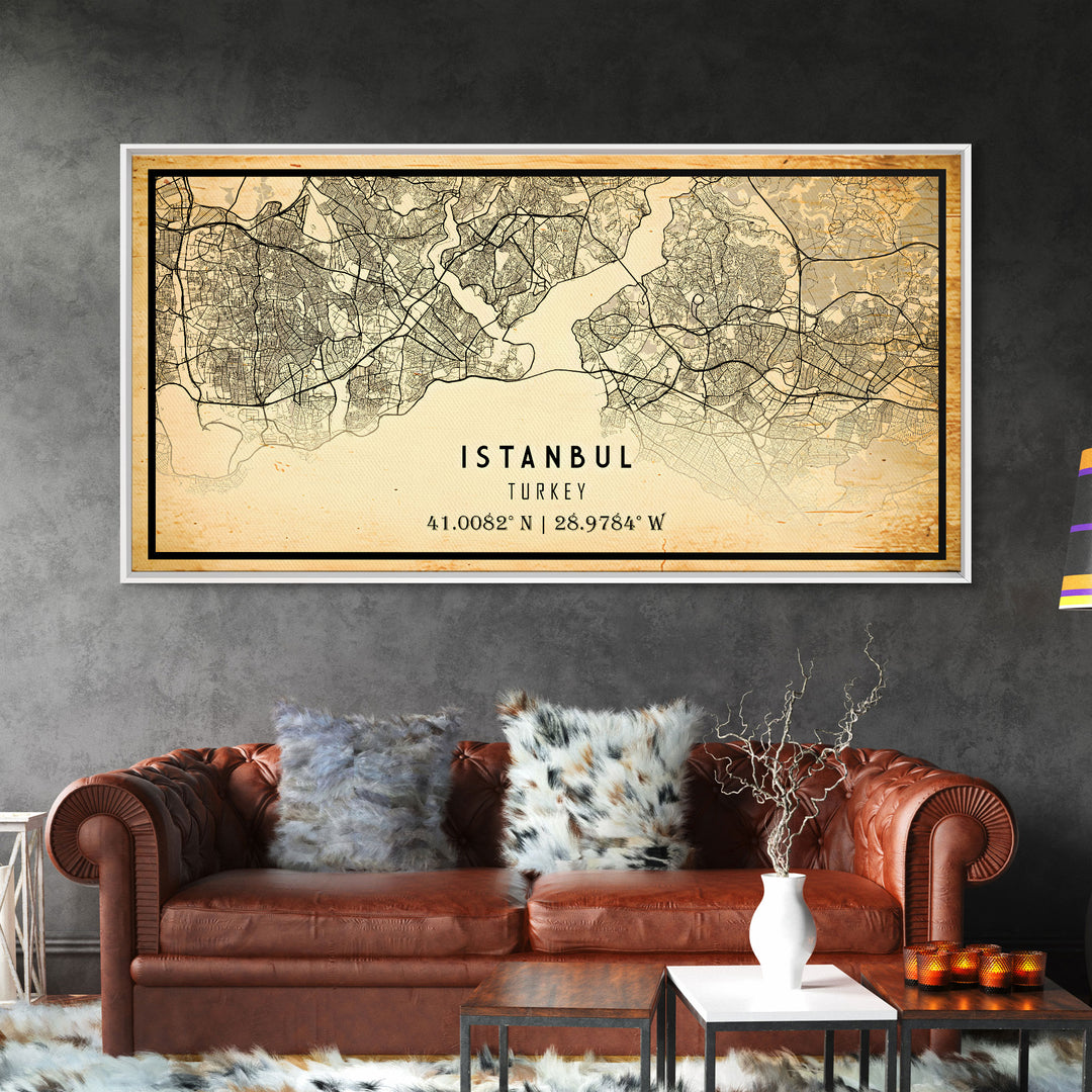 Vintage Istanbul City Map Wall Art Canvas Print, Distressed Istanbul Map, Framed Wall Art, Cool Istanbul Turkey Travel Wall Art, Office Art