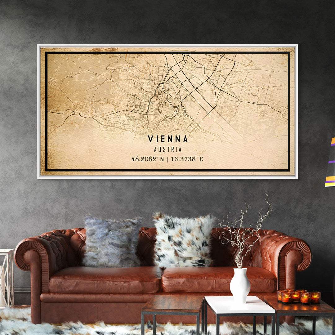 Vintage Vienna City Map Wall Art Canvas Print, Distressed Style Vienna Austria Map, Framed Wall Art, Cool Vienna Travel Wall Art, Office Art