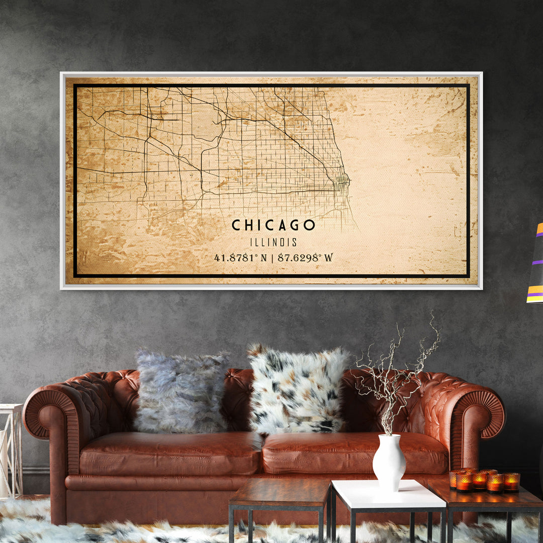 Distressed Chicago map print poster or framed canvas, Illinois road map print poster canvas, Chicago city map print poster canvas