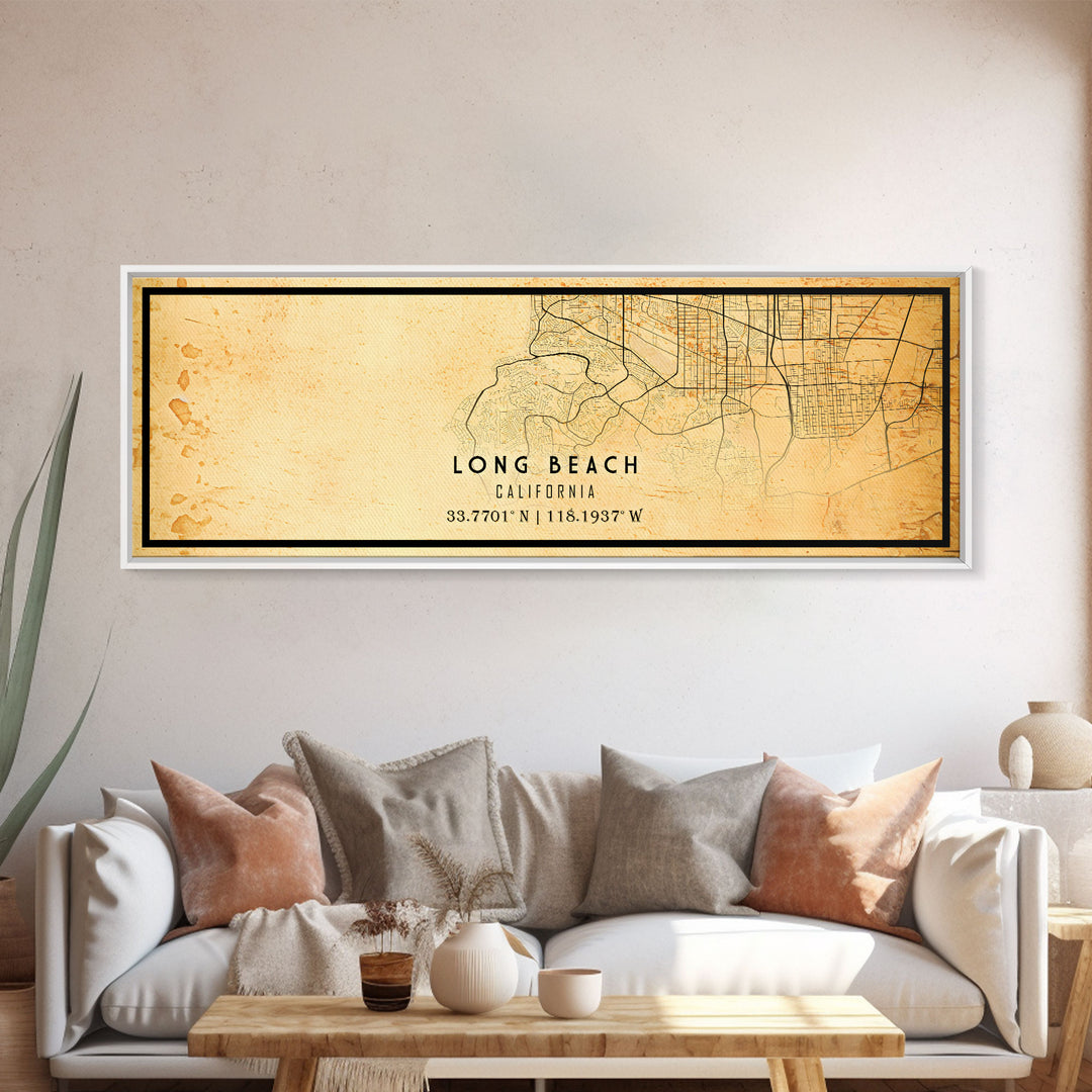 Panoramic Long Beach map print poster or framed canvas | California map print poster canvas | city map print poster canvas, distressed map