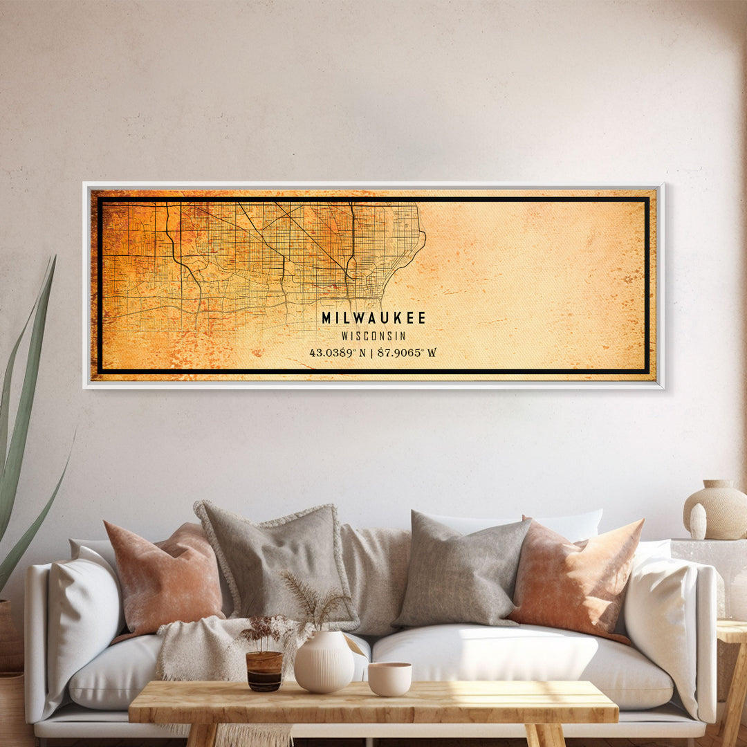 Panoramic Milwaukee Wisconsin Street Map Wall Art, Framed Canvas Print, Wisconsin Map Print Poster and Canvas, City Office Wall Art