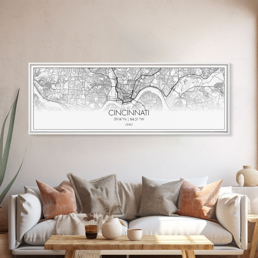 Panoramic Cincinnati City Map, Ohio Art, Map Print, Minimalist Wall Art, Canvas Art, Housewarming Gift, Street Map Art, Closing Gift