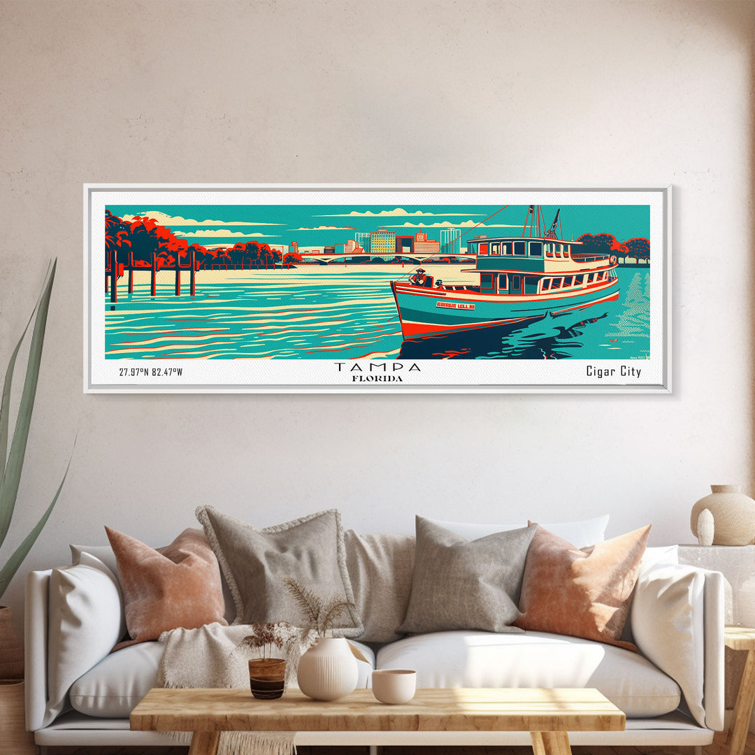 Tampa Florida Panoramic Travel Poster Framed Canvas Print, Mid Century Modern Art, Pop Art Style, Wall Art, Living Room Decor, Home Decor