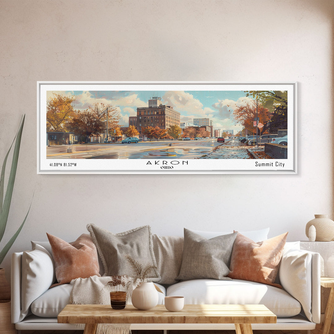 Akron Ohio Panoramic Watercolor Painting, Framed Canvas Print, Scenic City Art, Travel Poster, Wall Decor, Living Room Art, Office Wall Art