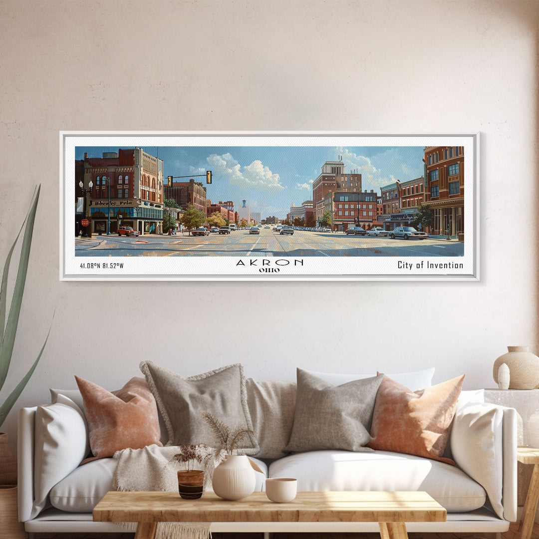 Akron Ohio Panoramic Painting, Watercolor Framed Canvas Print, Scenic Cityscape, Travel Poster, Home Decor, Wall Hanging, Living Room Art