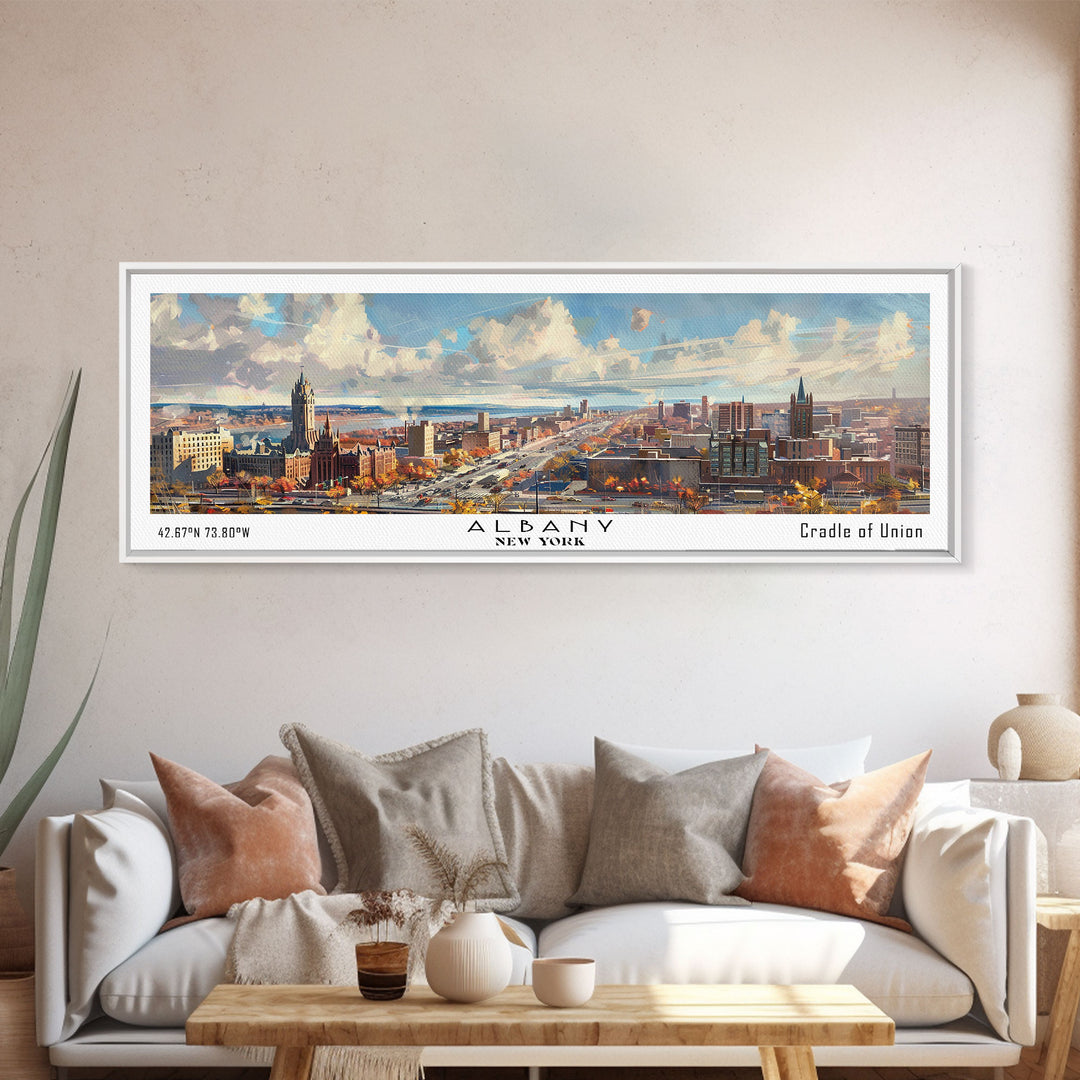 Albany New York Panoramic Painting, Watercolor Framed Canvas Print, Scenic City Art, Travel Poster, Home Decor, Wall Art, Gift Idea