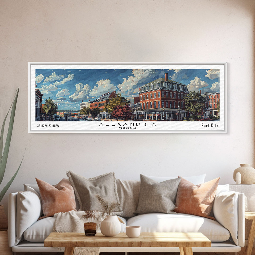 Alexandria Virginia Panoramic Painting, Watercolor Framed Canvas Print, Scenic City Art, Travel Poster, Wall Hanging, Home Decor, Living Room Art