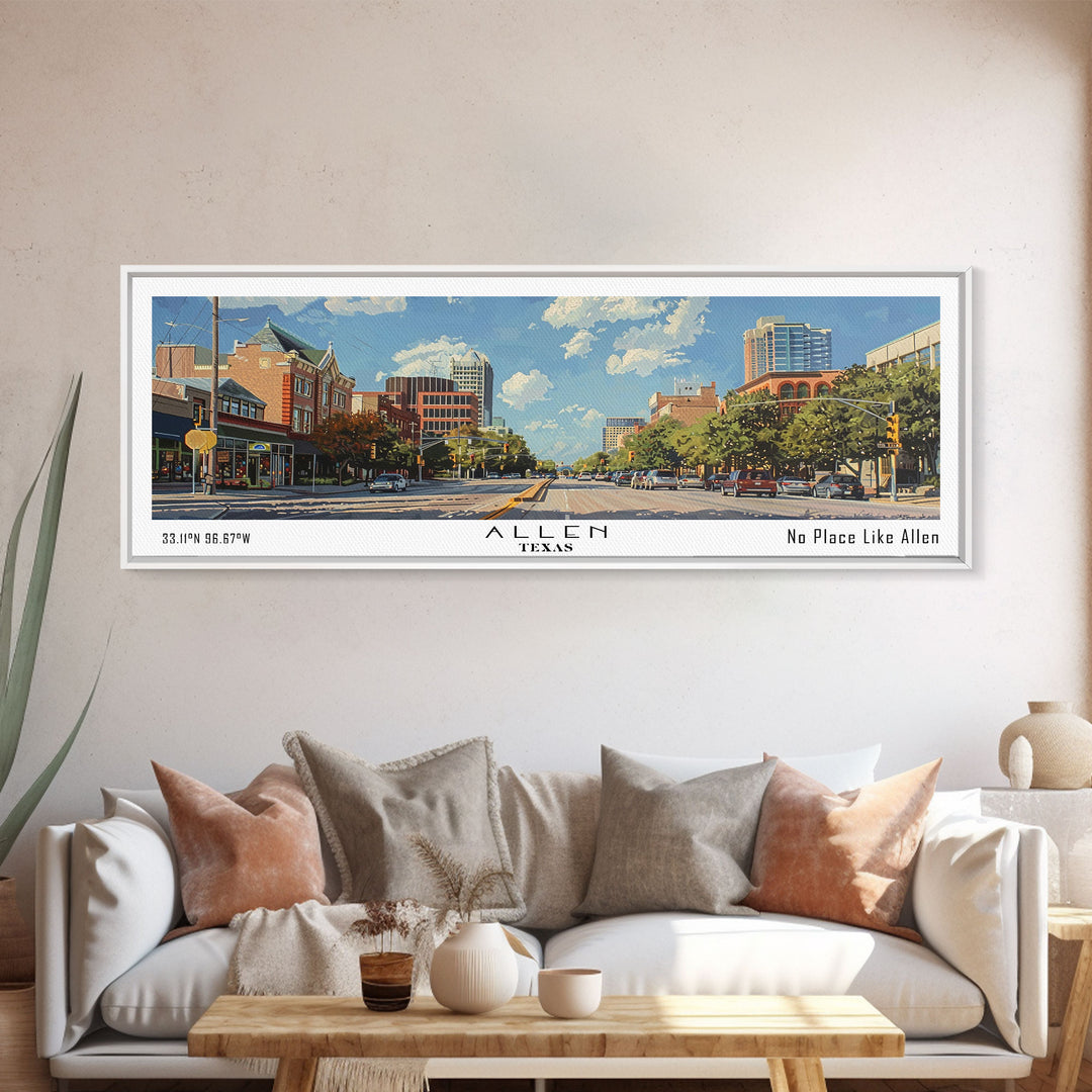 Allen Texas Panoramic Painting, Watercolor Framed Canvas Print, Scenic City Art, Travel Poster, Home Decor, Wall Hanging, Office Wall Art