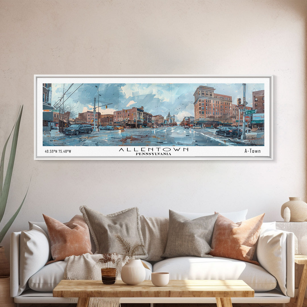 Allentown Pennsylvania Panoramic Painting, Watercolor Framed Canvas Print, Scenic City Art, Travel Poster, Home Decor, Office Wall Art, Gift Idea