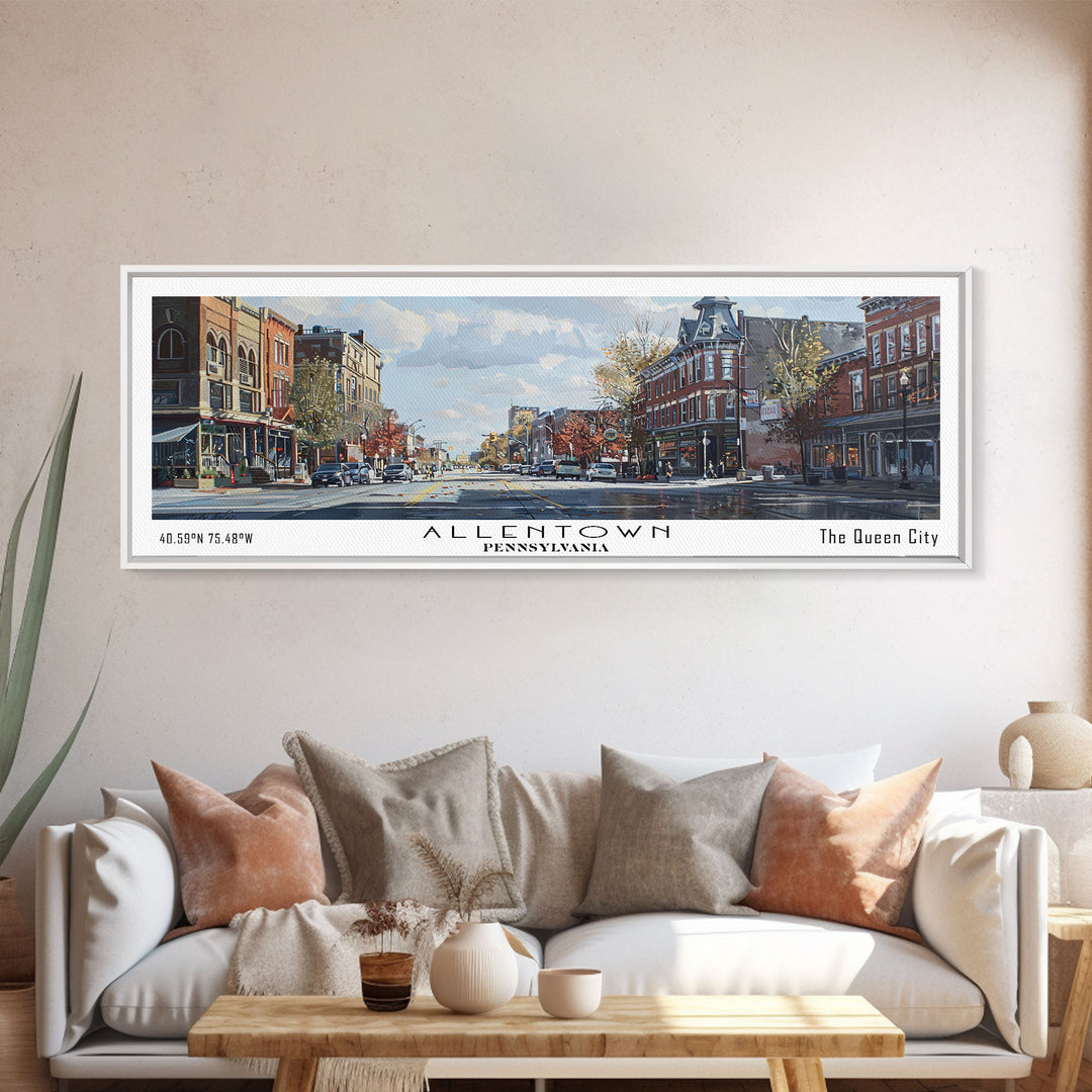 Allentown Pennsylvania Panoramic Watercolor Painting, Framed Canvas Print, Scenic City Art, Travel Poster, Home Decor, Wall Hanging, Living Room Art