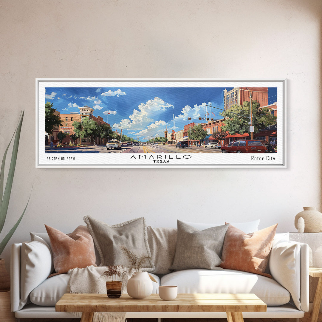 Amarillo Texas Panoramic Watercolor Painting, Framed Canvas Print, Scenic City Art, Travel Poster, Home Decor, Wall Art, Gift Idea