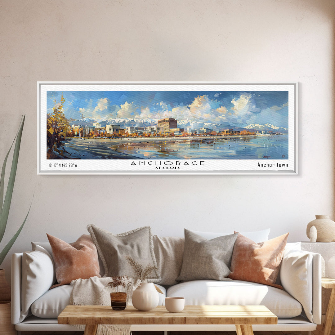 Anchorage Alaska Panoramic Painting, Watercolor Framed Canvas Print, Scenic City Art, Travel Poster, Wall Decor, Living Room Art, Office Wall Art