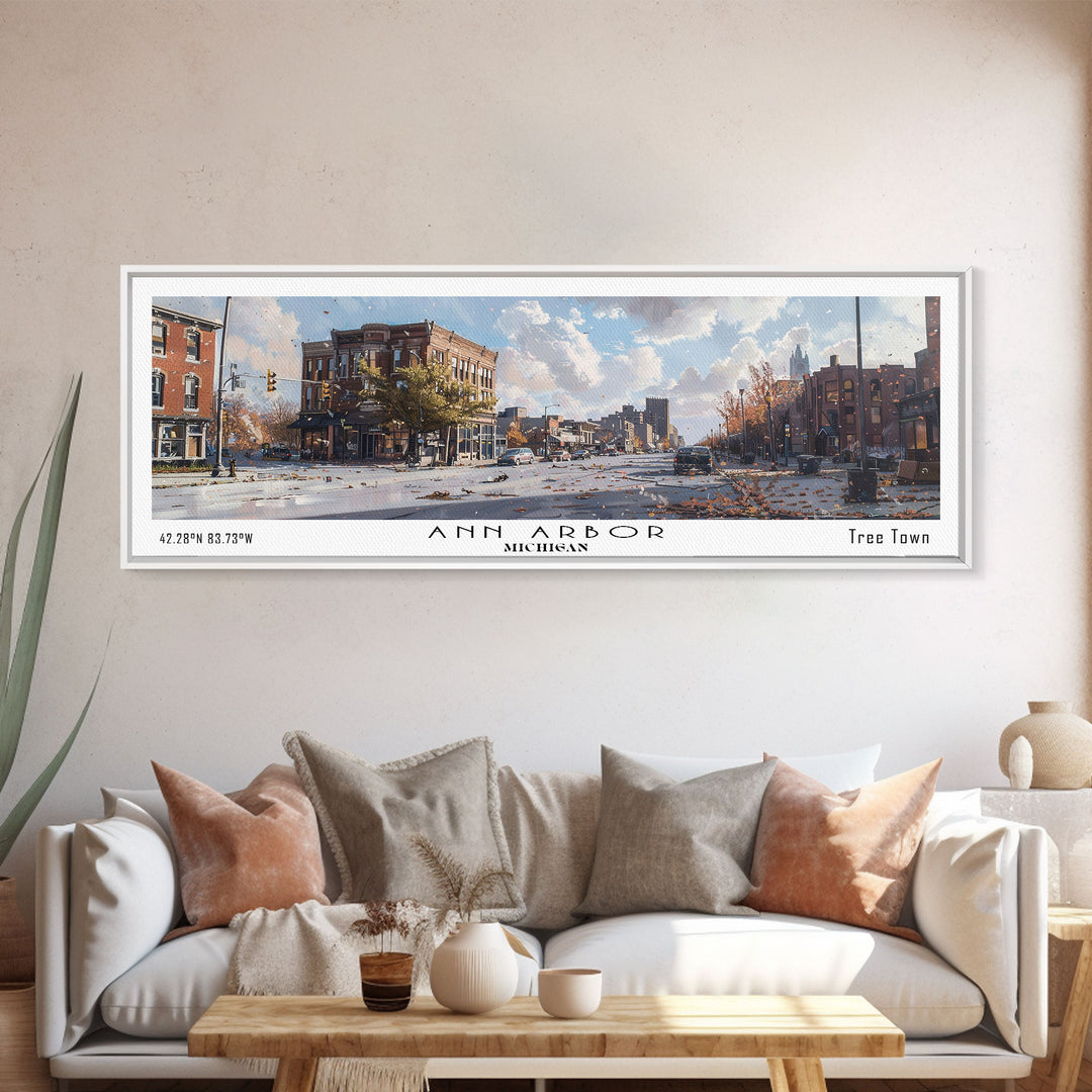 Ann Arbor Michigan Panoramic Watercolor Painting, Framed Canvas Print, Scenic City Art, Travel Poster, Home Decor, Wall Hanging, Gift Idea