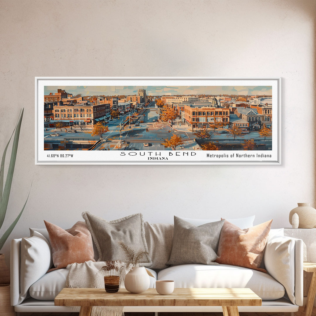 South Bend Indiana Travel Poster, Framed Canvas Print, Wall Art, Home Decor, Travel Gift, Living Room Art, Retro Style Art, Office Decor