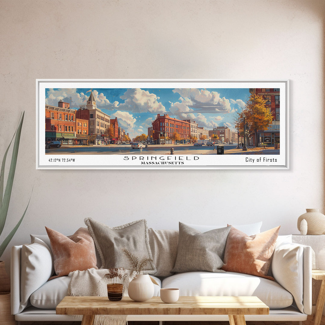 Springfield Massachusetts Travel Poster, Framed Canvas Print, Wall Art, Home Decor, Office Art, Living Room Art, Travel Gift, Vintage Style