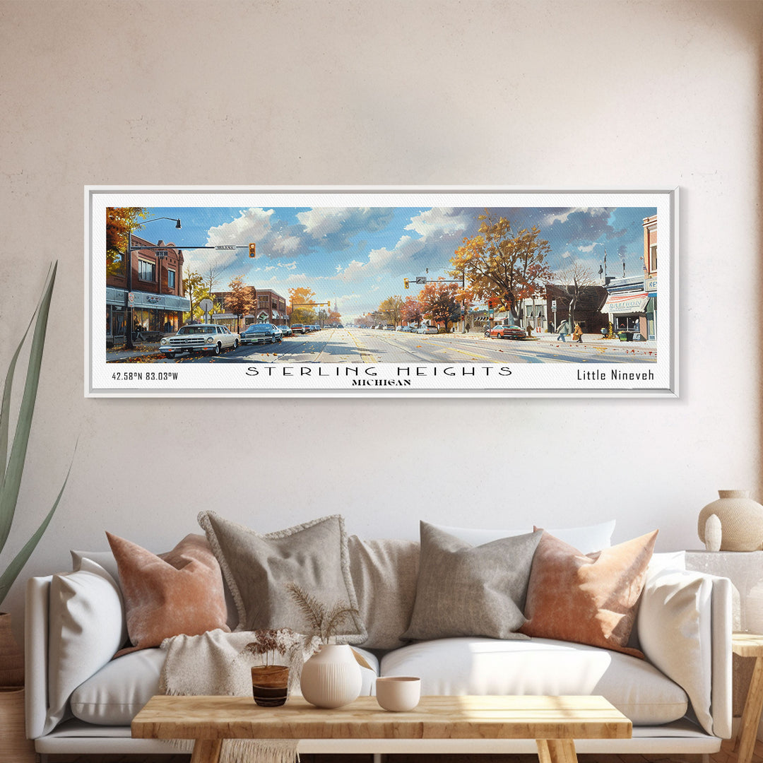 Sterling Heights Michigan Travel Poster, Framed Canvas Print, Office Art, Wall Hanging, Travel Gift, Living Room Art, Vintage Style