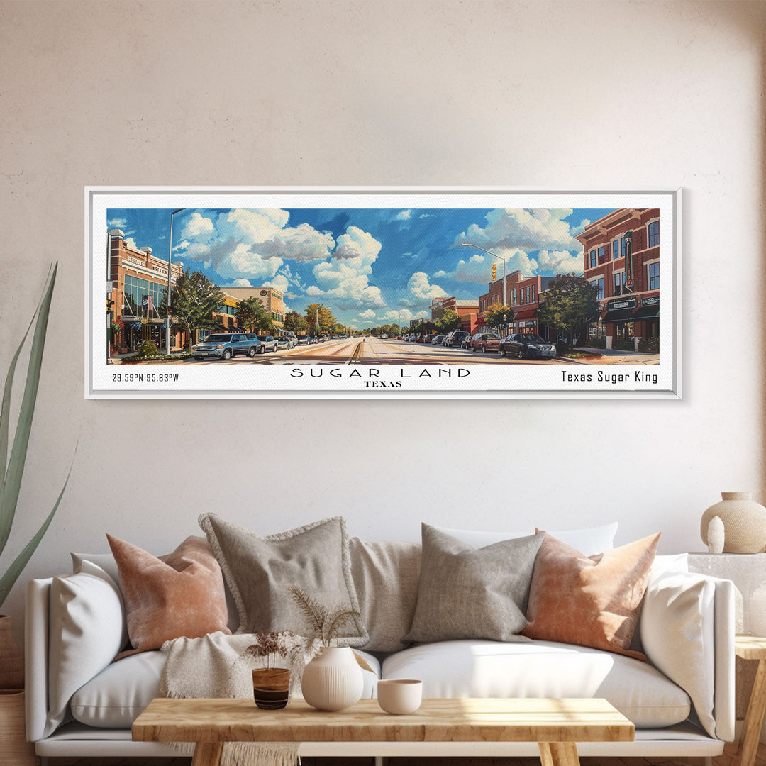 Sugarland Texas Travel Poster, Framed Canvas Print, Wall Art, Home Decor, Travel Gift, Living Room Art, Retro Style Art