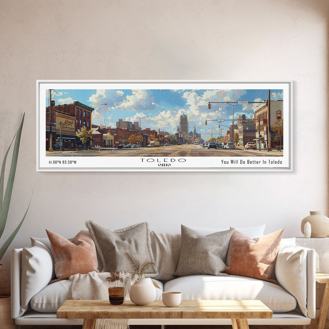 Toledo Ohio Panoramic Framed Canvas Print, Retro Style Wall Art, Living Room Decor, Unique Travel Poster, Artistic Office Gift, Original Artwork