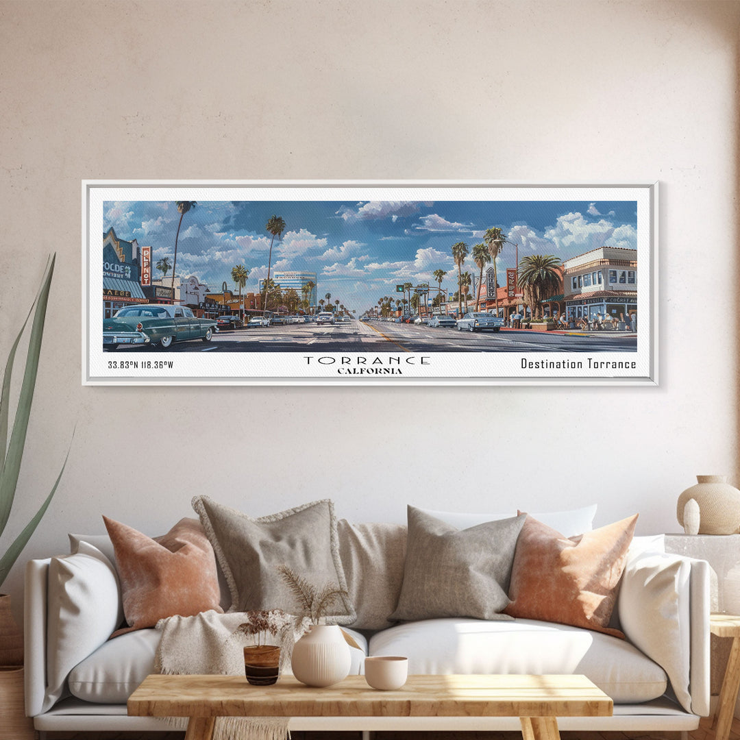 Torrance California Panoramic Framed Canvas Print, Artistic Travel Poster, Retro Wall Art, Unique Living Room Decor, Office Gift, Original Artwork