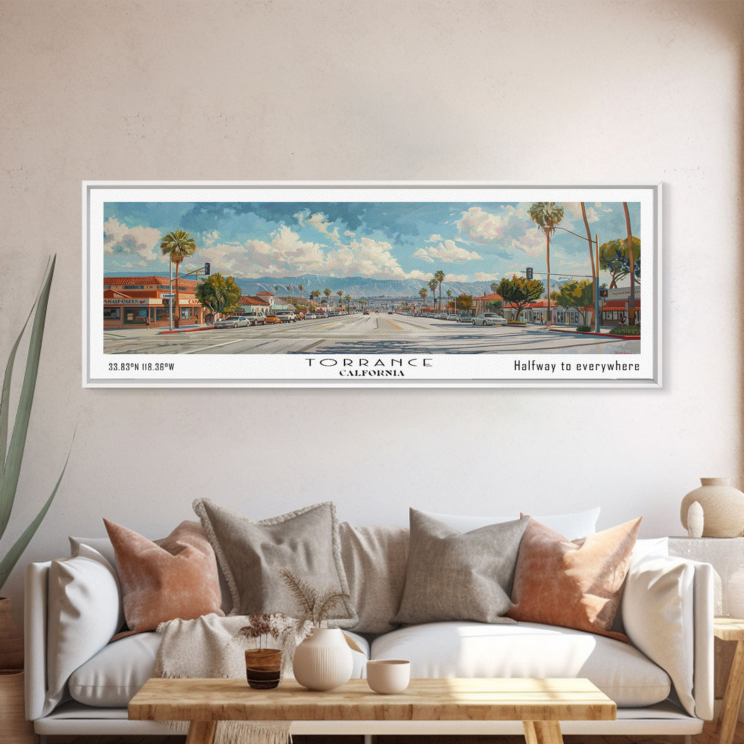 Torrance California Panoramic Art, Framed Canvas Print, Vintage Style Travel Poster, Unique Home Decor, Office Wall Art, Artistic Gift