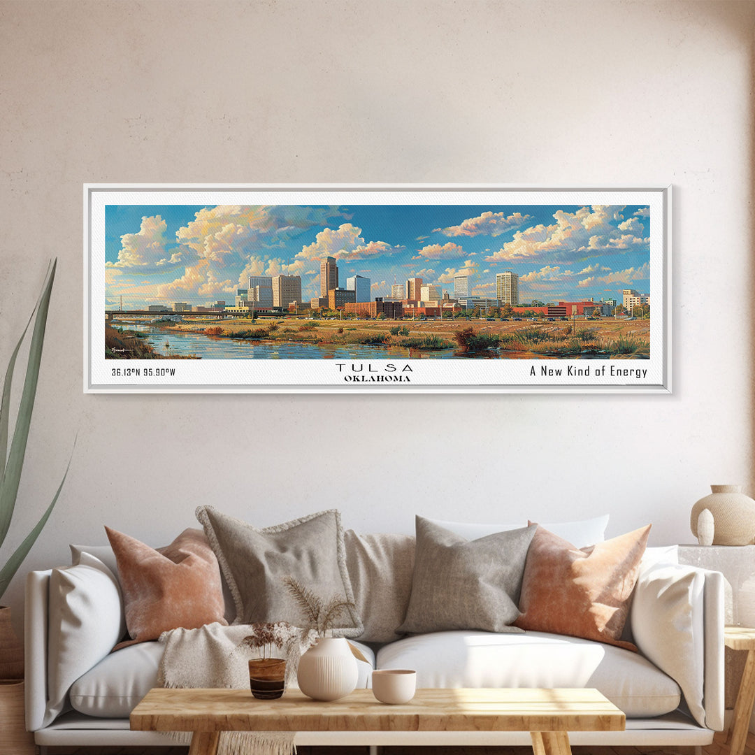 Tulsa Oklahoma Panoramic Framed Canvas Print, Retro Wall Art, Travel Poster, Artistic Living Room Decor, Unique Office Gift, Original Artwork