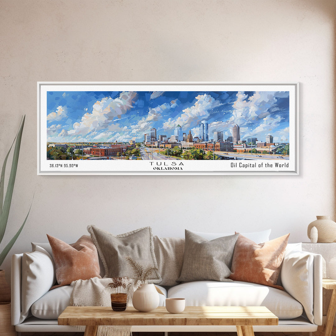 Tulsa Oklahoma Panoramic Painting, Framed Canvas Print, Vintage Travel Poster, Artistic Home Decor, Unique Office Wall Art, Gift Idea