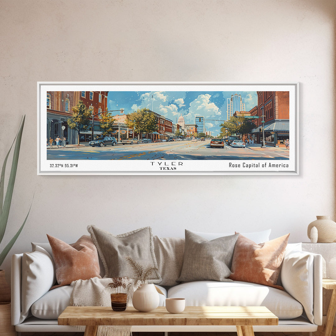 Tyler Texas Panoramic Wall Art, Framed Canvas Print, Retro Style Travel Poster, Unique Living Room Decor, Artistic Office Piece, Original Gift