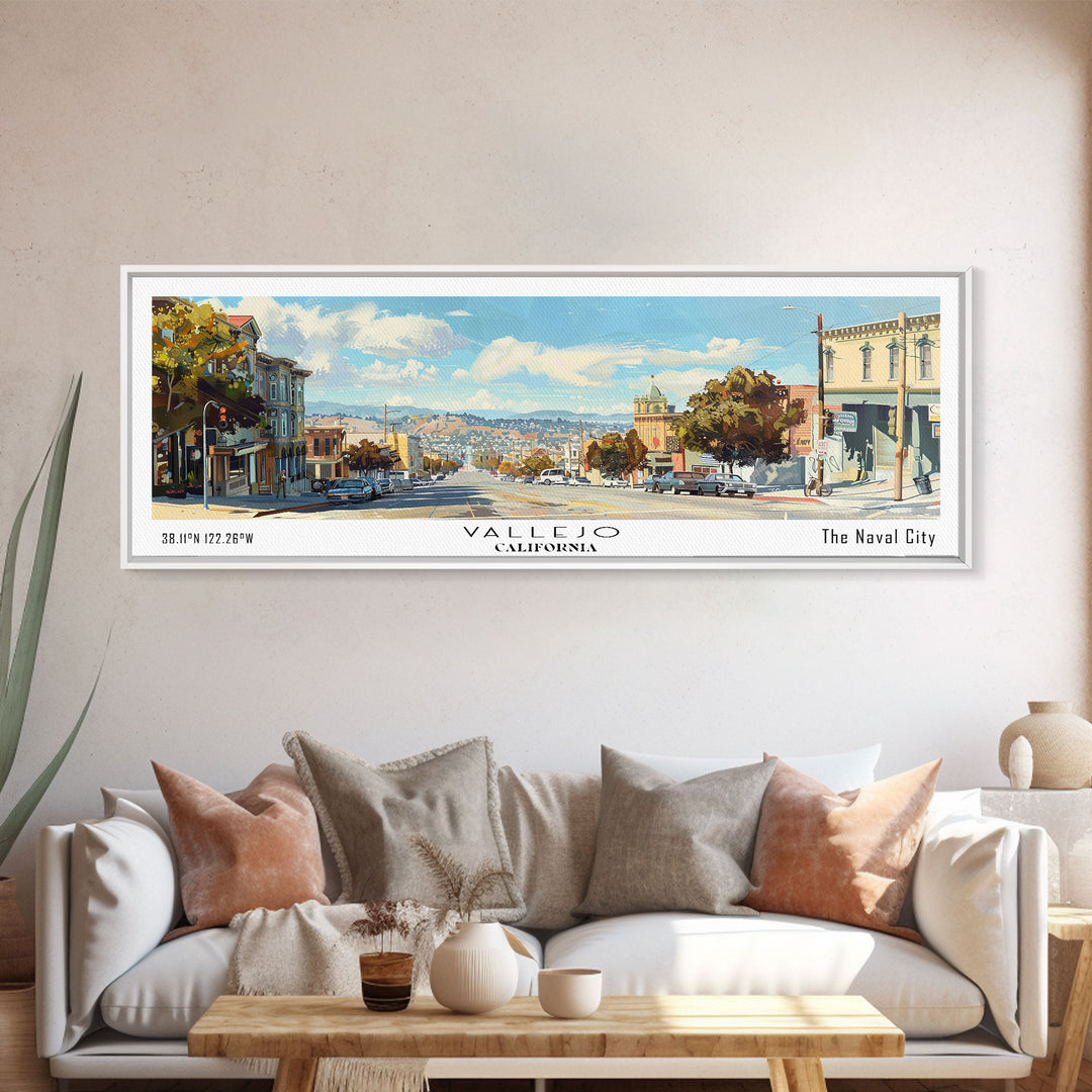 Vallejo California Panoramic Framed Canvas Print, Retro Travel Poster, Unique Wall Art, Artistic Living Room Decor, Office Gift, Home Decoration