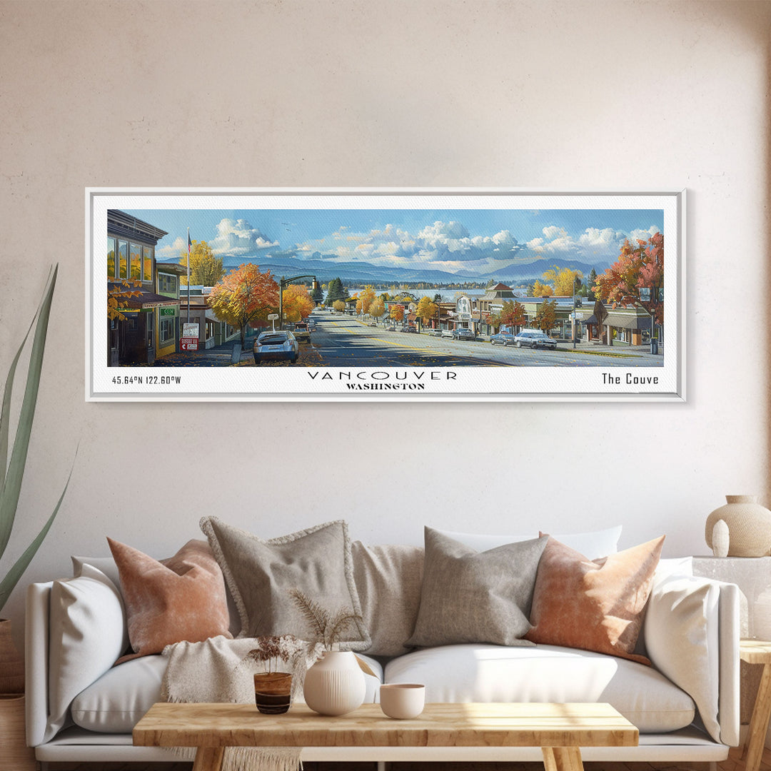 Vancouver Washington Panoramic Painting, Framed Canvas Print, Vintage Travel Poster, Artistic Wall Art, Unique Office Decor, Living Room Gift