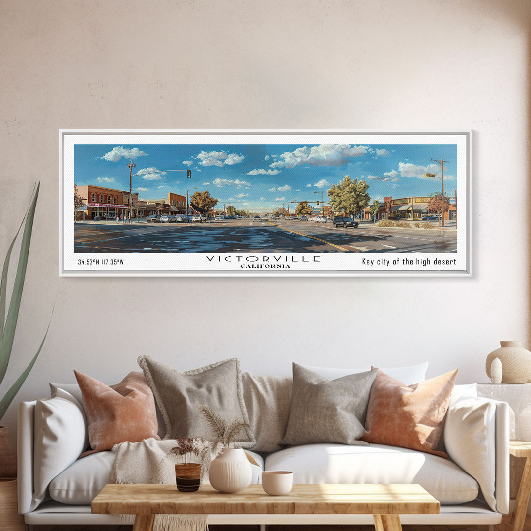 Victorville California Panoramic Wall Art, Framed Canvas Print, Retro Style Travel Poster, Unique Home Decor, Artistic Office Piece, Original Gift