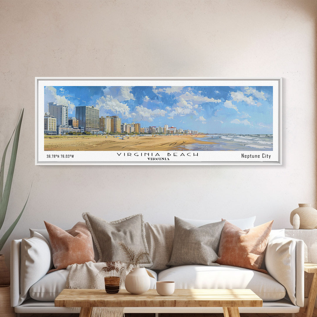 Virginia Beach Virginia Panoramic Framed Canvas Print, Vintage Travel Poster, Unique Wall Art, Artistic Living Room Decor, Office Gift, Home Decoration